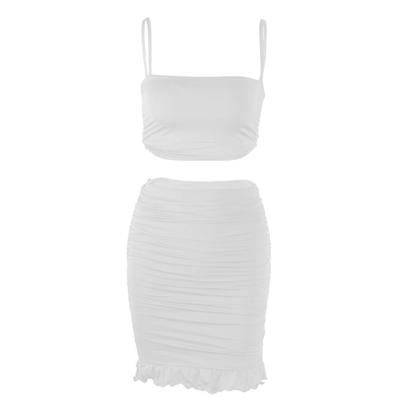 

European and American-Style Pleated Flounce Peplum Hip-Wrapped Dress Solid Color Sling White S