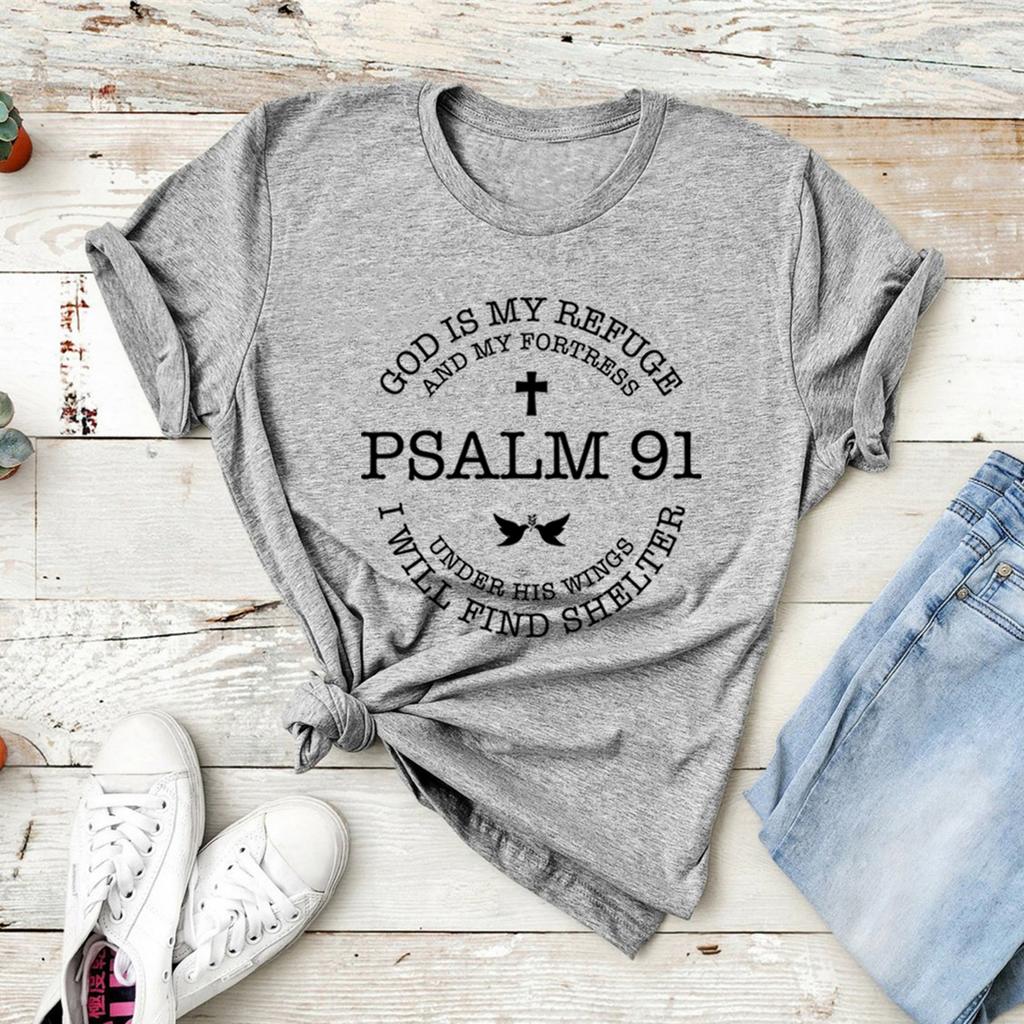 God Is My Refuge Psalms 91 Verse T-Shirt Christian Shirt Unisex T-shirts Short Sleeve Bible Verse Tshirt Jesus Loves You Tee