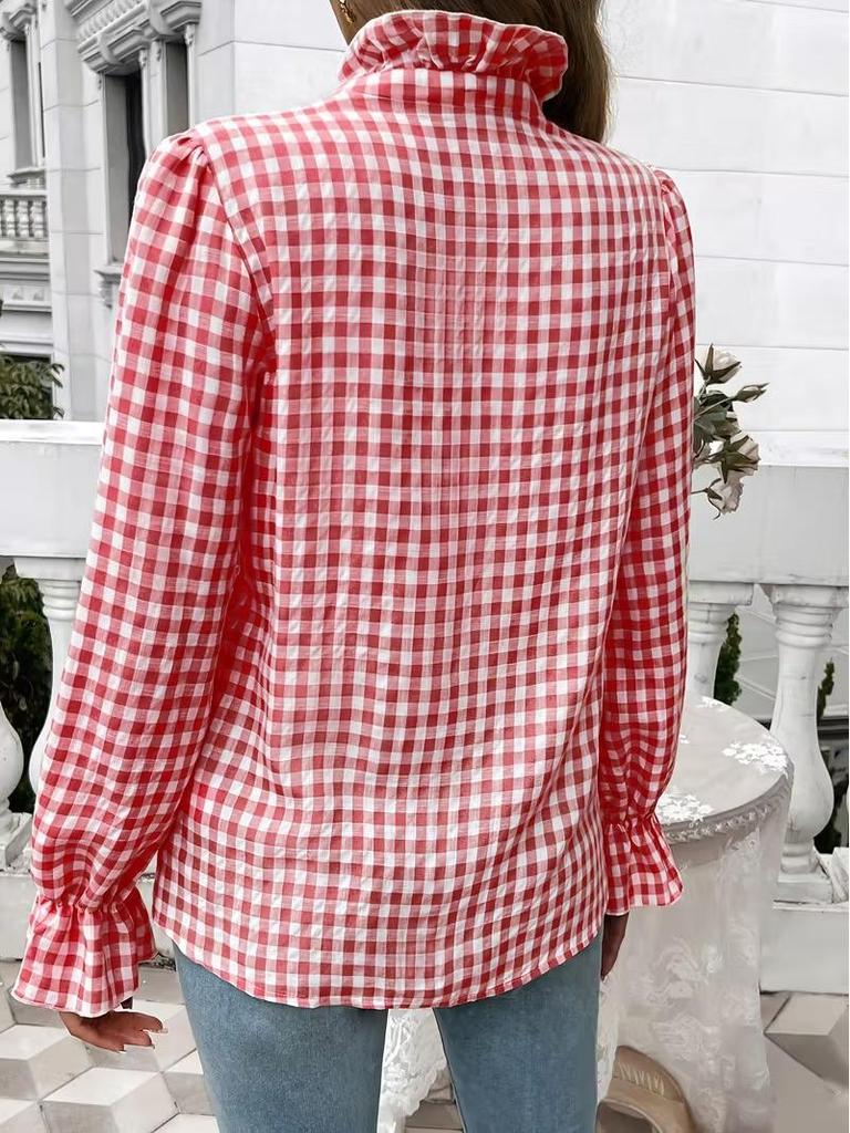 2026 Spring/Summer Women's Elegant Ruffle Plaid Long Sleeve Shirt