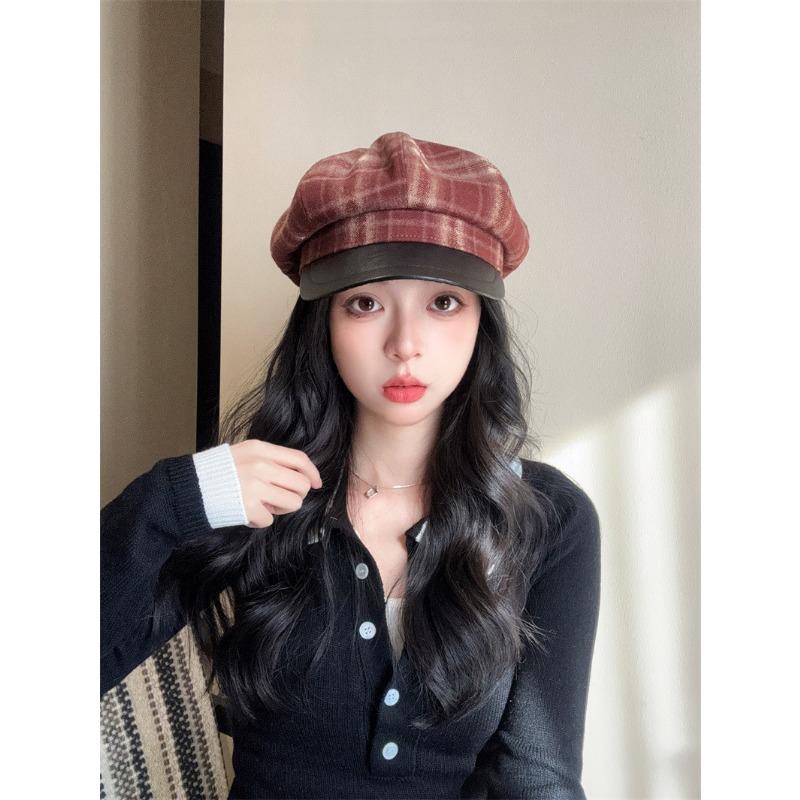 Women S Plaid Octagonal Hat Large Head Circumference Vintage Style Autumn Winter Cap