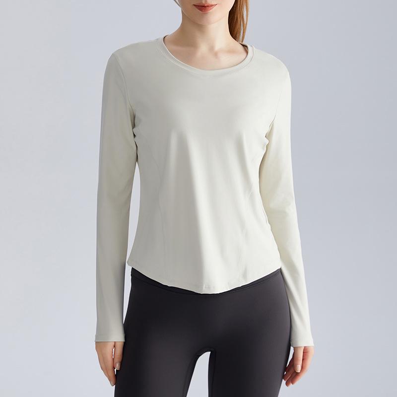 Chuandun Women's Slim Fit Quick-Dry Yoga Top - Long Sleeve, Breathable, Round Neck, Curved Hem