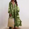 Women Summer Bohemian Floral Print Maxi Dress Deep V Neck Long Sleeve Oversized A Line Flowy Hem Retro Beach Vacation Tassel Dress