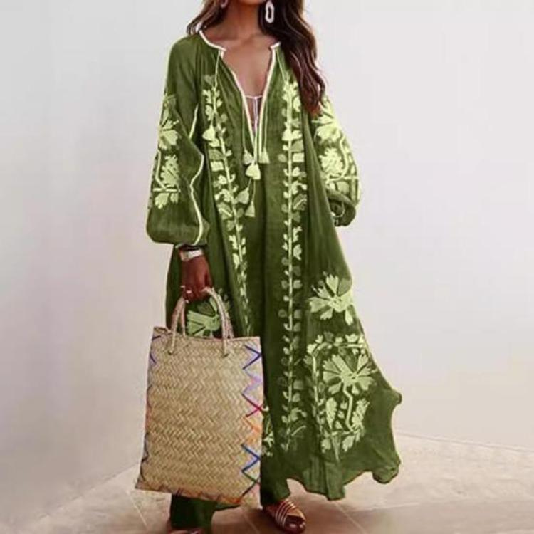 Women Summer Bohemian Floral Print Maxi Dress Deep V Neck Long Sleeve Oversized A Line Flowy Hem Retro Beach Vacation Tassel Dress