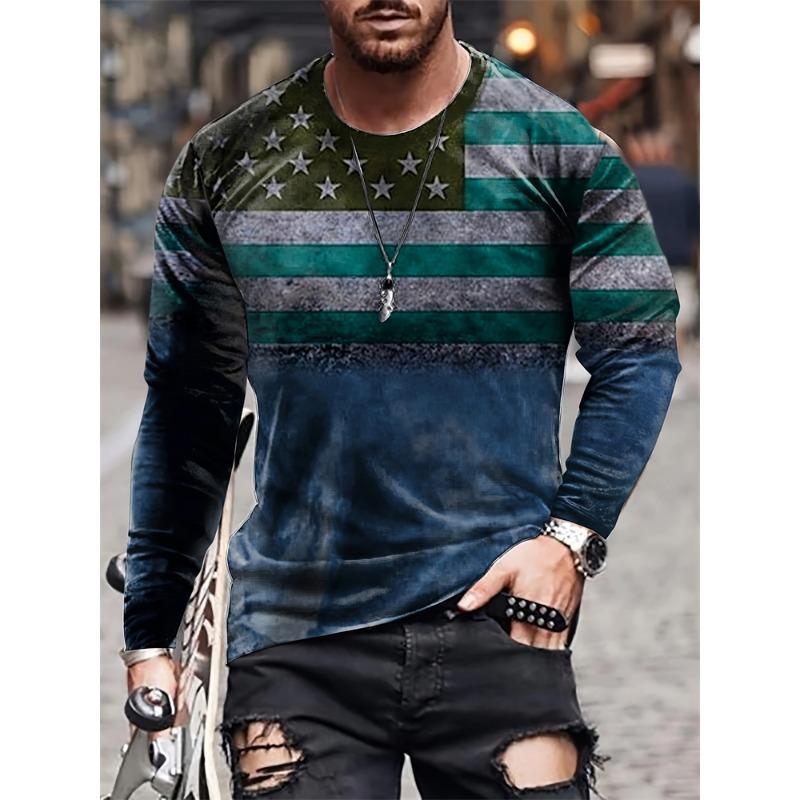 Herbst Alltags Casual Herren Langarm Street Fashion Herren Langarm T-Shirt Vintage Herrenbekleidung 3D Flagge Print Kleidung