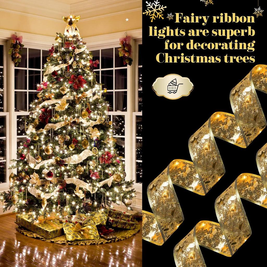 Sherr 4 Pcs 79ft Christmas Ribbon Lights Christmas Tree Decorations 240 LED Lights Fairy Lights Xmas Ribbon Battery Powered Operated Indoor String