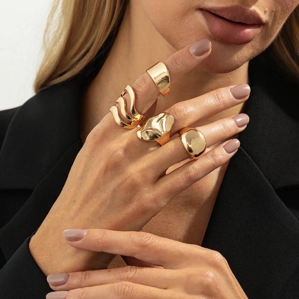 Salircon 4Pcs/Set Vintage Gold Color Smooth Chunky Rings Women Minimalist Geometric Knuckle Joint Ring Fashion Couple Jewelry