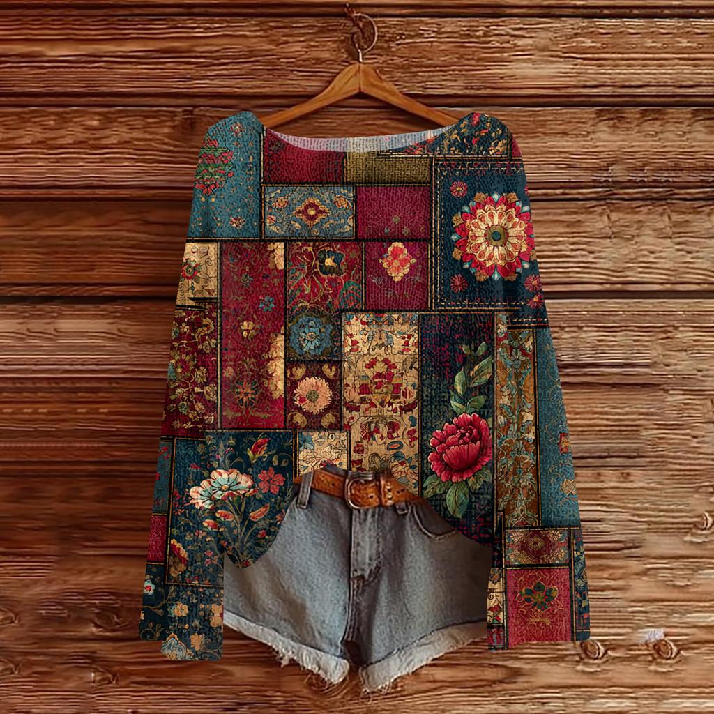 Women's Lightweight Sweater Casual Long Sleeve Knitted Vintage Floral Print Pullover