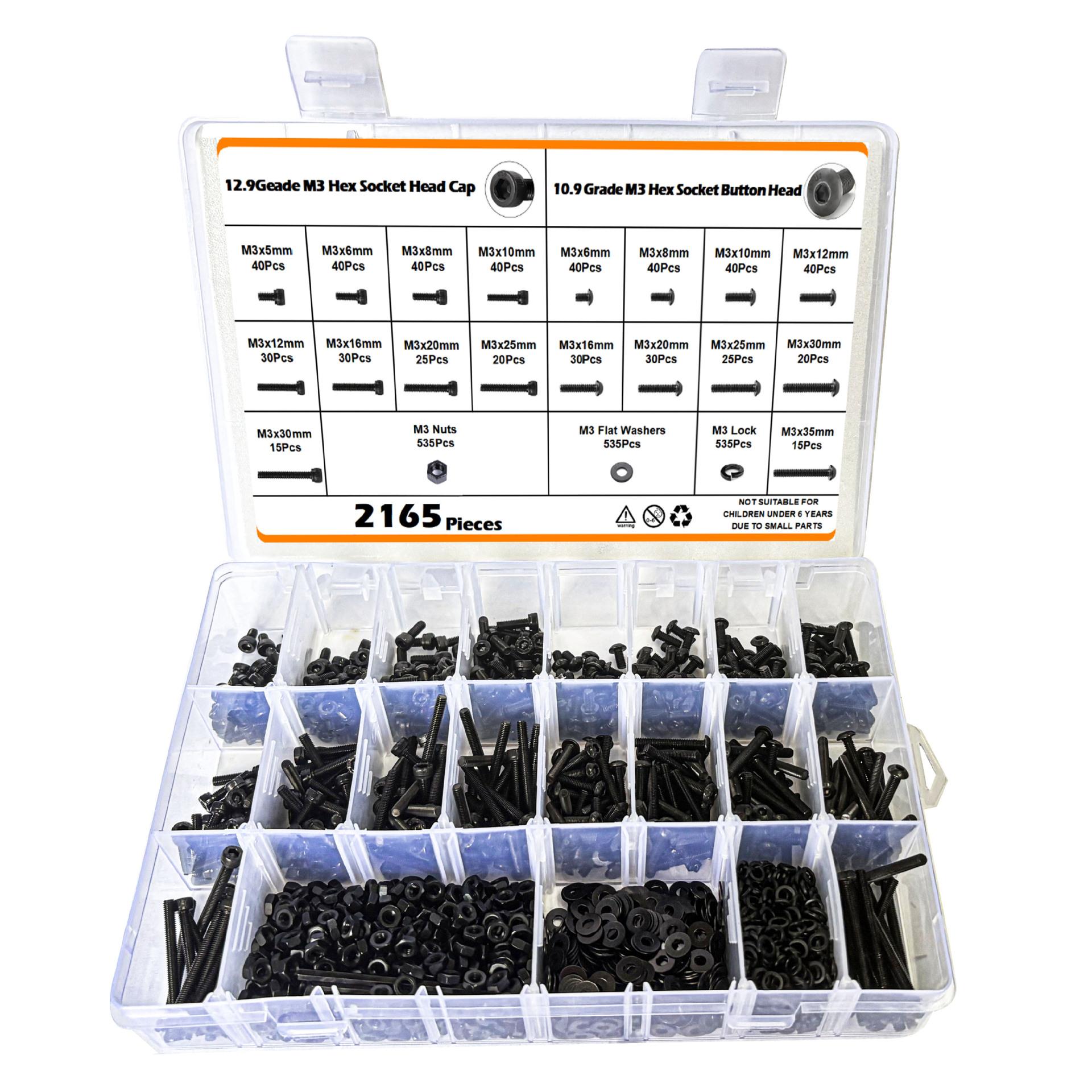 

2165 шт. набор винтов с внутренним шестигранником, цилиндрической/полукруглой головкой, гаек, плоских и пружинных шайб M3, коробка винтов с внутренним шестигранником 2165pcs