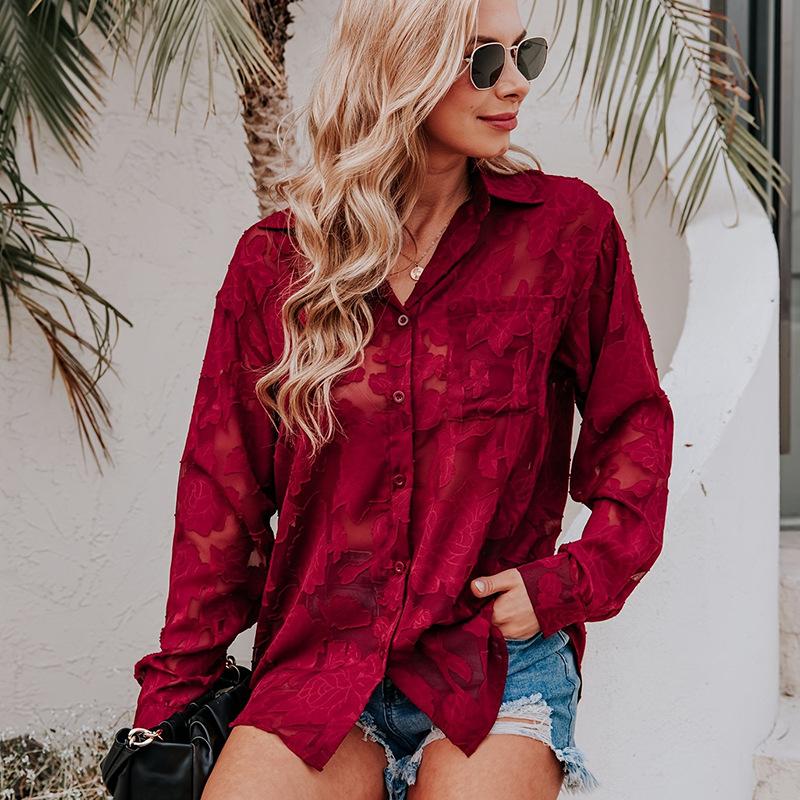 YYFS Dámská móda Ležérní Jaro Podzim Květinový vzor Potisk Dlouhý rukáv Halenky a košile POLO Výstřih