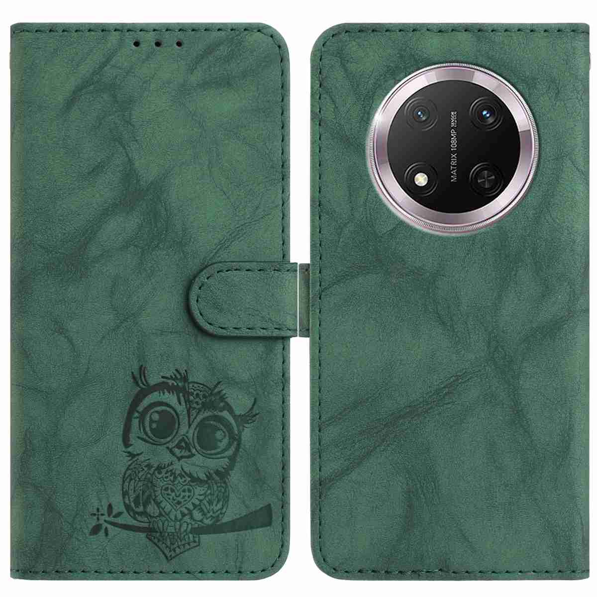 

For Honor X9c 5G Case Owl Imprinted PU Leather Wallet Phone Cover with Wrist Strap Green