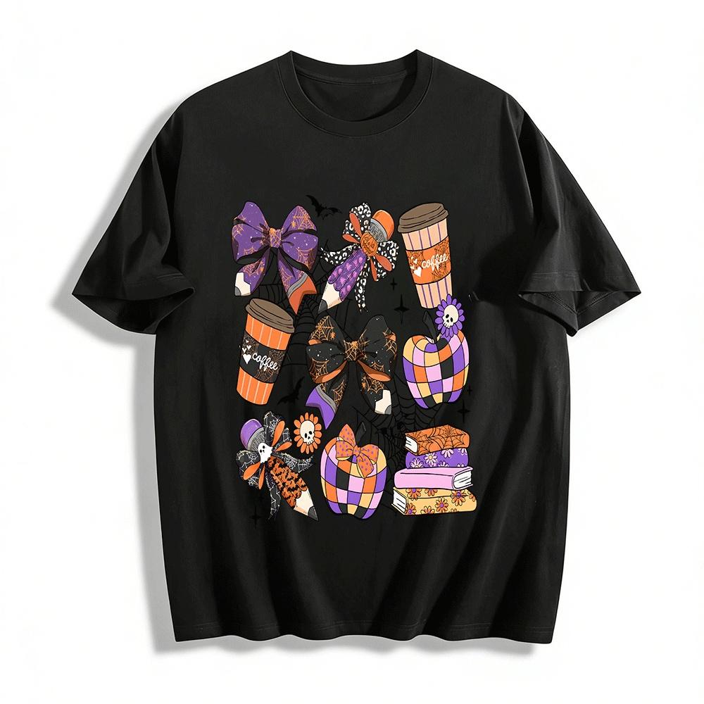 Halloween Bow Coffee Pumpkin Print Casual Top Pure cotton T-shirt XXS