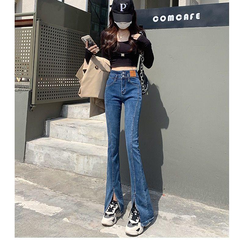 Summer 2026 Women's Black Split Denim High Waist Micro Flare Pants - Loose, Slimming, Floor Length Jeans