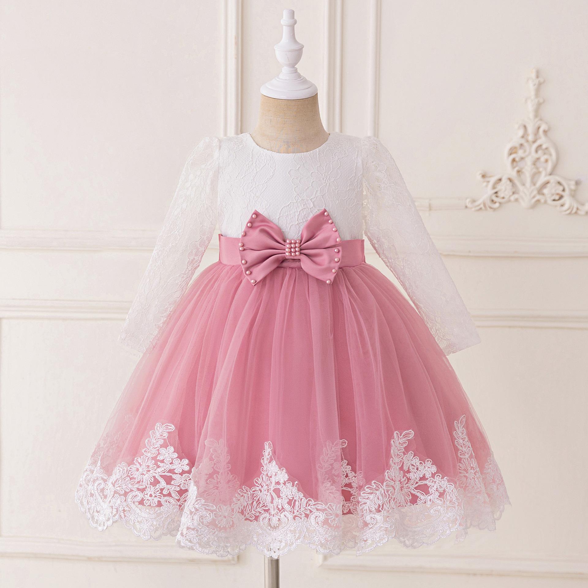 

Кружевное платье принцессы с длинным рукавом для девочек с бантом - Платье для девочки-цветочницы на свадьбу и вечернее платье 150cm - 8 Years