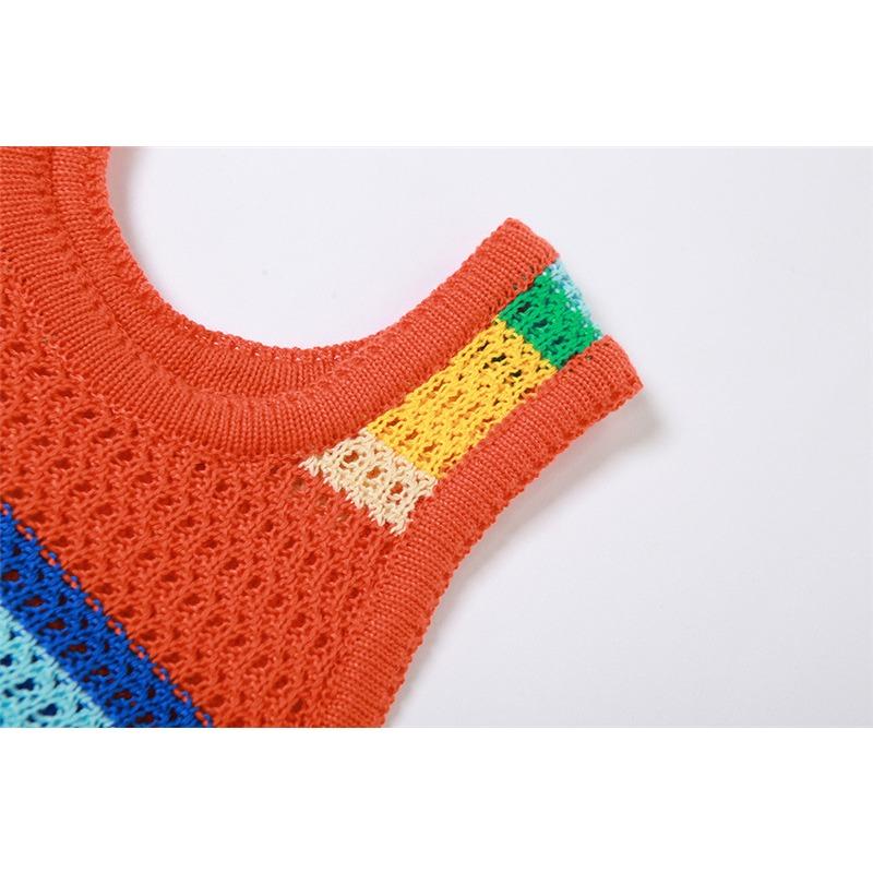 Women's Spring New Knitted Skirt Color Contrast Fashion Sleeveless Repair Slimming High Waist Long Dress