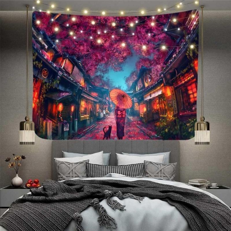Japanese Anime Tapestry Ancient Japanese Night Street Landscape Tapestry Cherry Blossom Lantern Tapestry Large Flannel Art 74x94cm(29x37in)