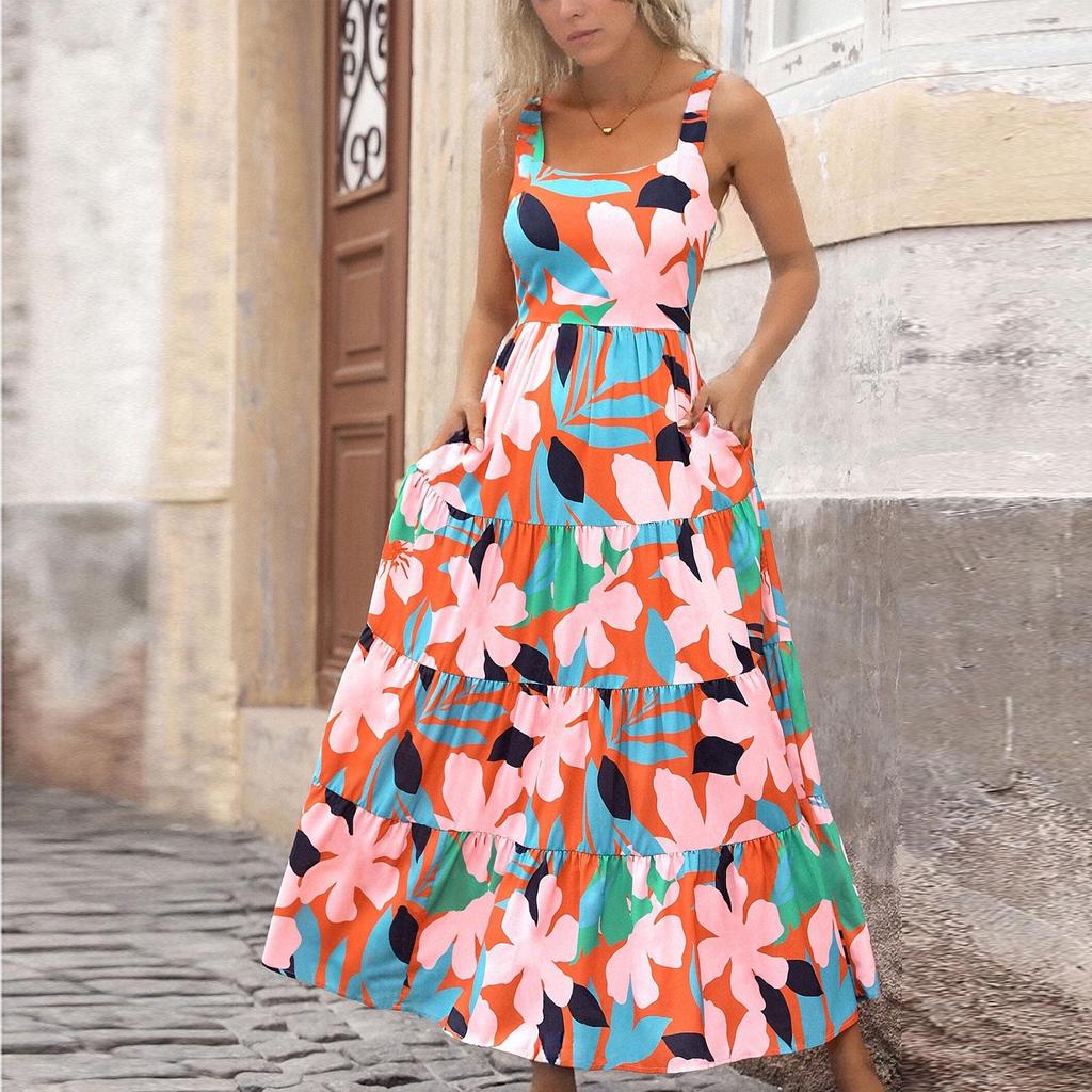 Women's Elegant Suspender Floral Print Midi Dress