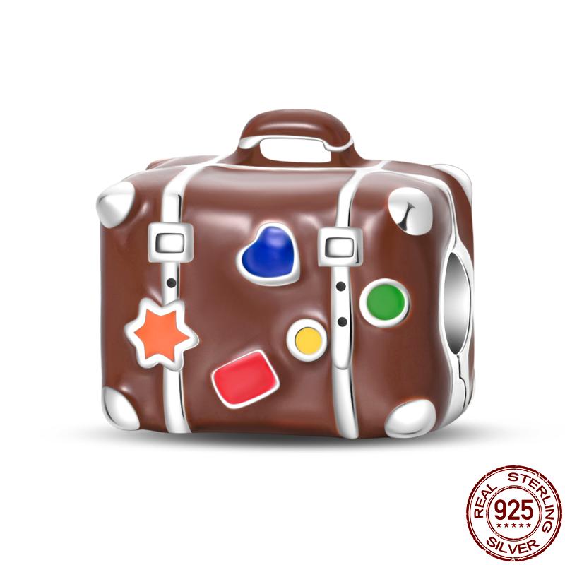 Copper Travel Series-Beach Ocean Suitcase Charms Fit Original 3Mm Pan Bracelet For Women Birthday Fine Jewelry Gift