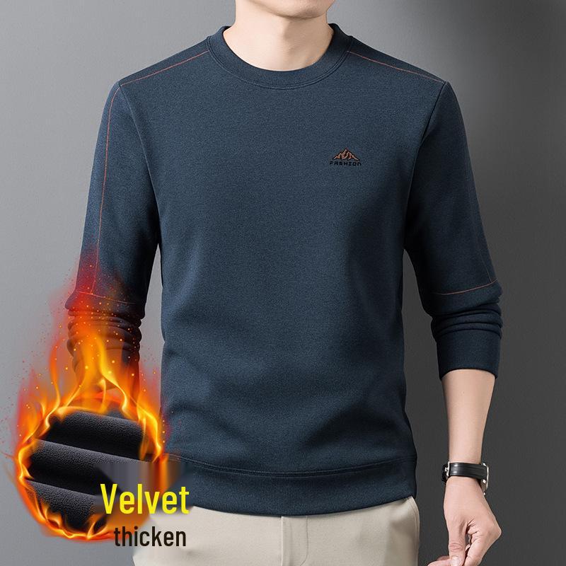 Men's Plus Velvet Thickened Versatile Winter Hoodie - Mid-Aged & Young, Warm Round Neck Long Sleeve Base Layer