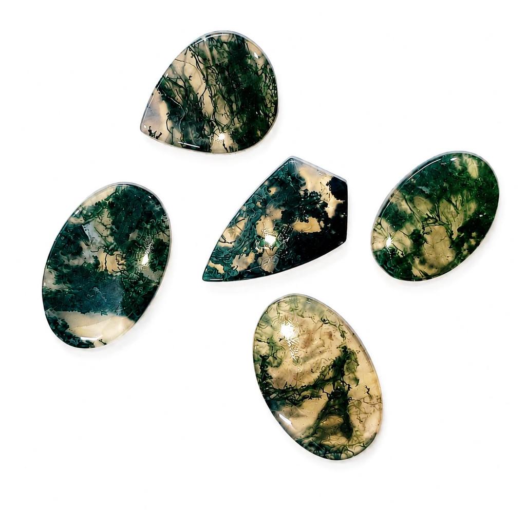 Natürliches Moosachat Edelstein Set von 5 | Moosachat Cabochon Lot | Lose Steine für die Schmuckherstellung