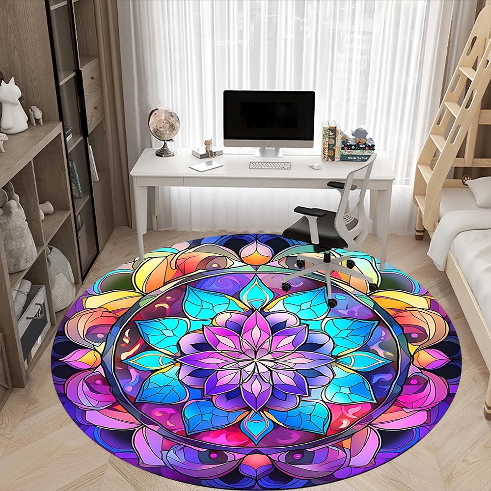 1 Stück Buntglas Mandala Stuhlteppich für das Büro, Runder Polyesterteppich, Innendekoration für das Büro, Waschbarer rutschfester Teppich yy251219012
