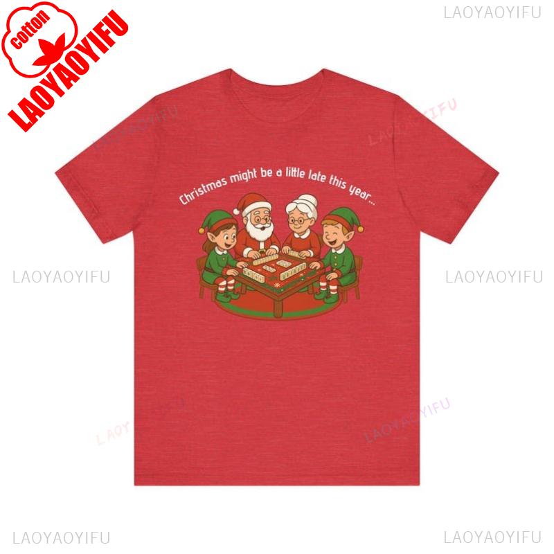 Christmas Mahjong Shirt Santa and Elves Playing Mahjong TShirt for Mahjong Lovers Printed Tshirt Tops Unisex Shortsleev S
