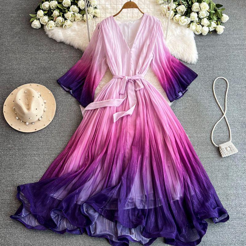 

Women s Clothing Niche Loose V Neck Dress Waist Trimming Lace up Pink purple One size