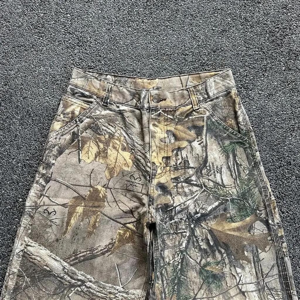 Summer Washed New Camouflage Pants Branches, Men's American Old Wide-leg Loose Straight Jeans