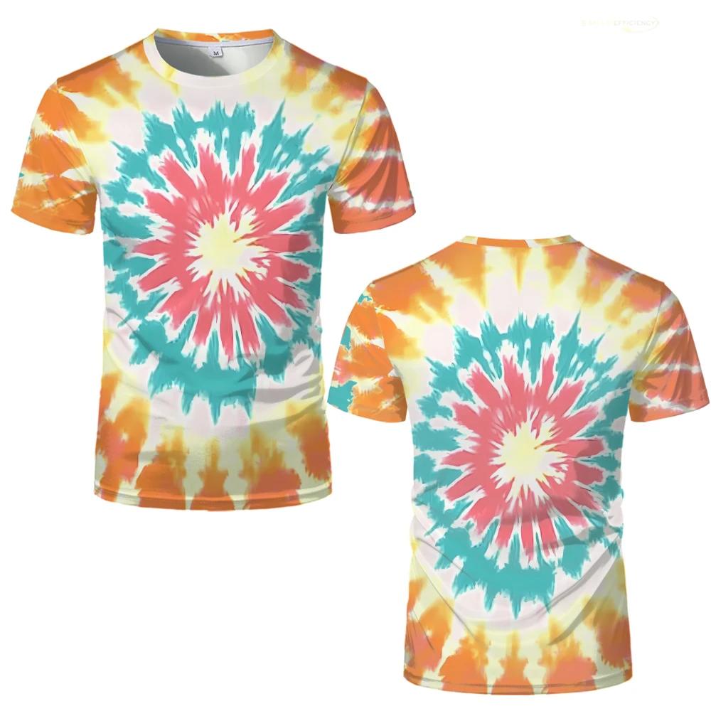 Barevná trička Tie-dye s 3D potiskem Osobnost Kreativní vzor Pánská ležérní trička s kulatým výstřihem Letní prodyšná trička s krátkým rukávem