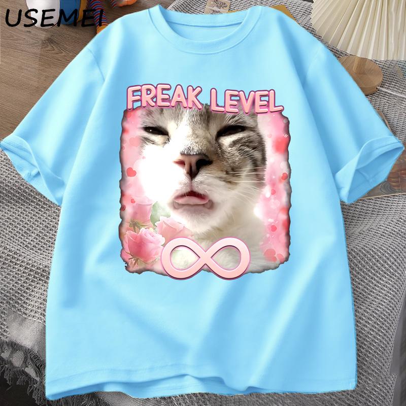 

Freak Level Infinite Funny Cat Meme Tshirts for Unisex Women Harajuku Print Silly Cats Tshirt Unisexs Cotton Short Sleeve Tshirts 4XL