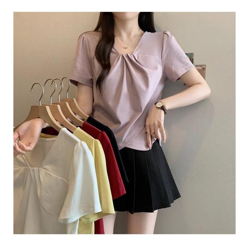 Summer New Temperament V-neck Short-sleeved T-shirt Women's Slim Casual and Versatile Top