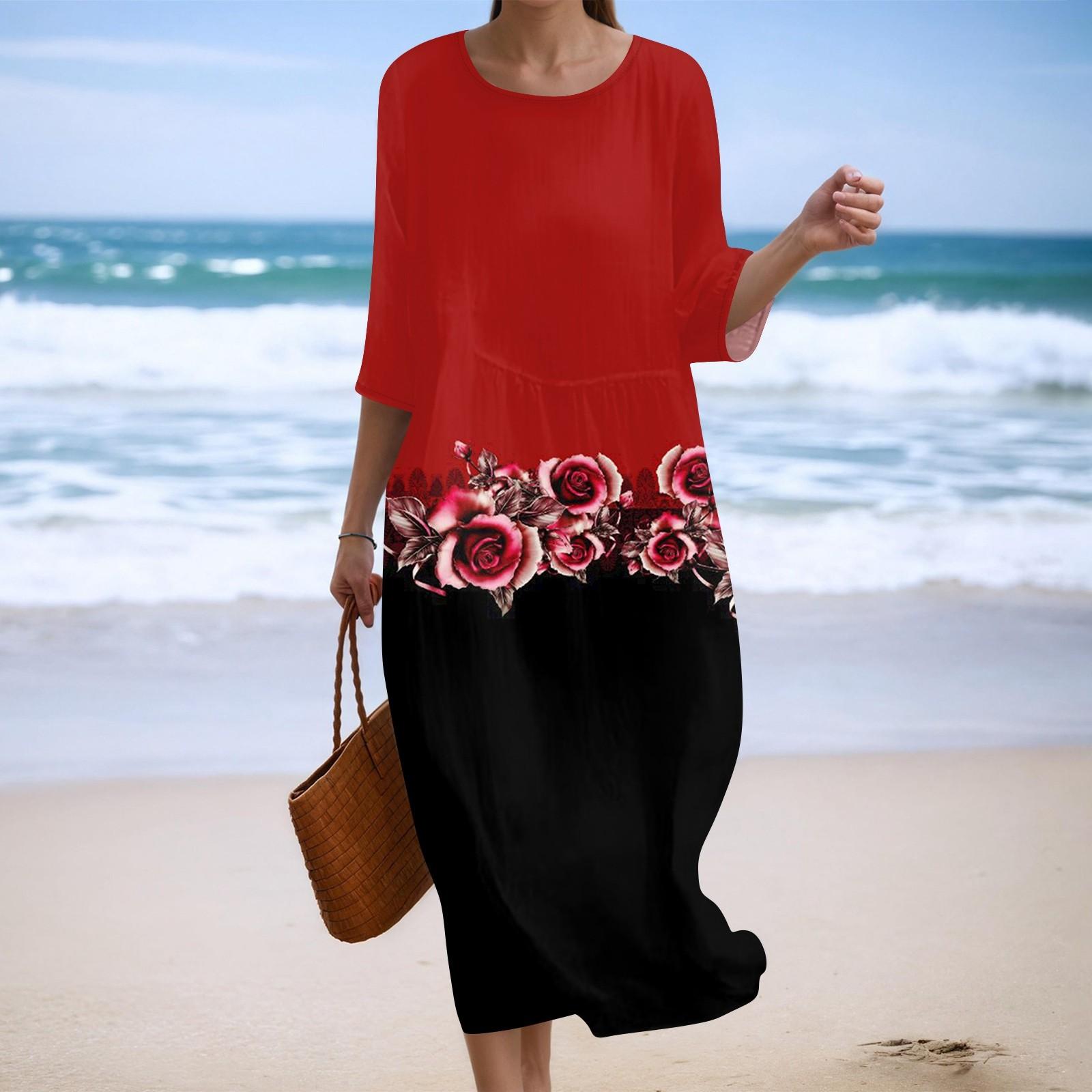 

Женское модное платье свободного кроя с принтом, круглым вырезом и рукавом три четверти L винный