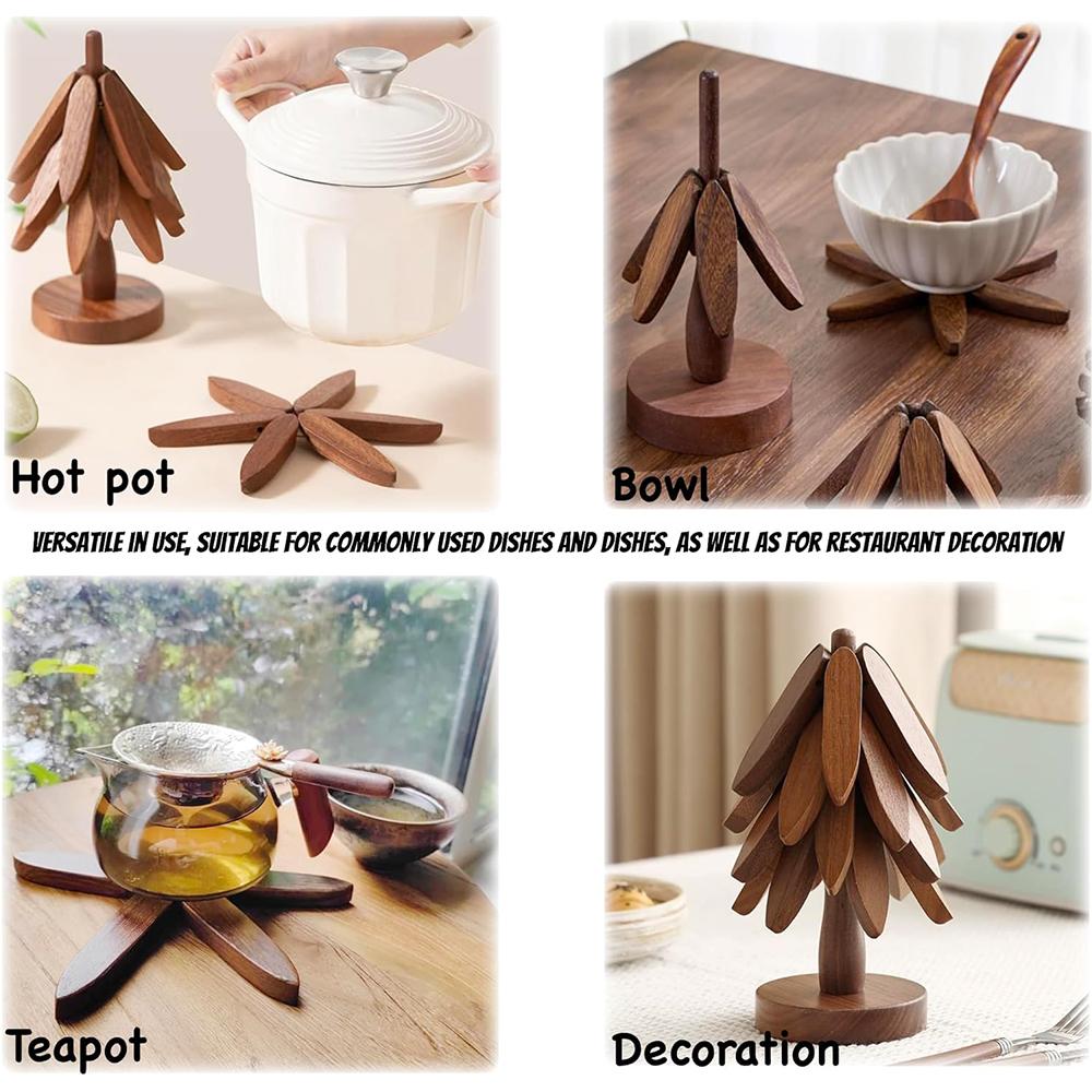 Wooden Trivets Kit for Hot Dishes with 4 Wooden Trivet + 1 Stand (Walnut Wood)