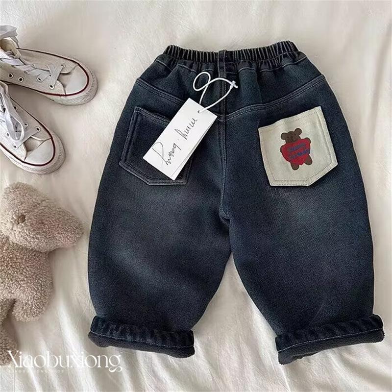 Kids Fleece Lined Thick Denim Pants Winter Warm Casual Cargo Trousers for Boys and Girls 90