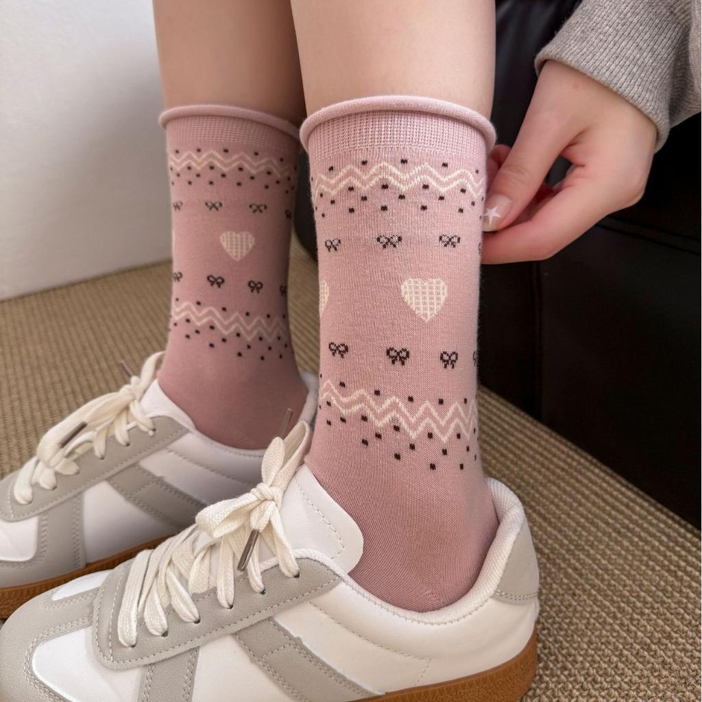White Mid-Leg Socks, Style Bow Love Rolled Hemmed Cotton Socks, Korean Collegiate Style