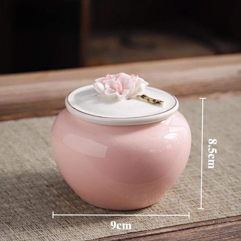 1pc Ceramic Handmade Flower Tea Jar, Kitchen Seasoning Jar, Household Green Tea/black Tea Storage Jar, Flower Cover Design