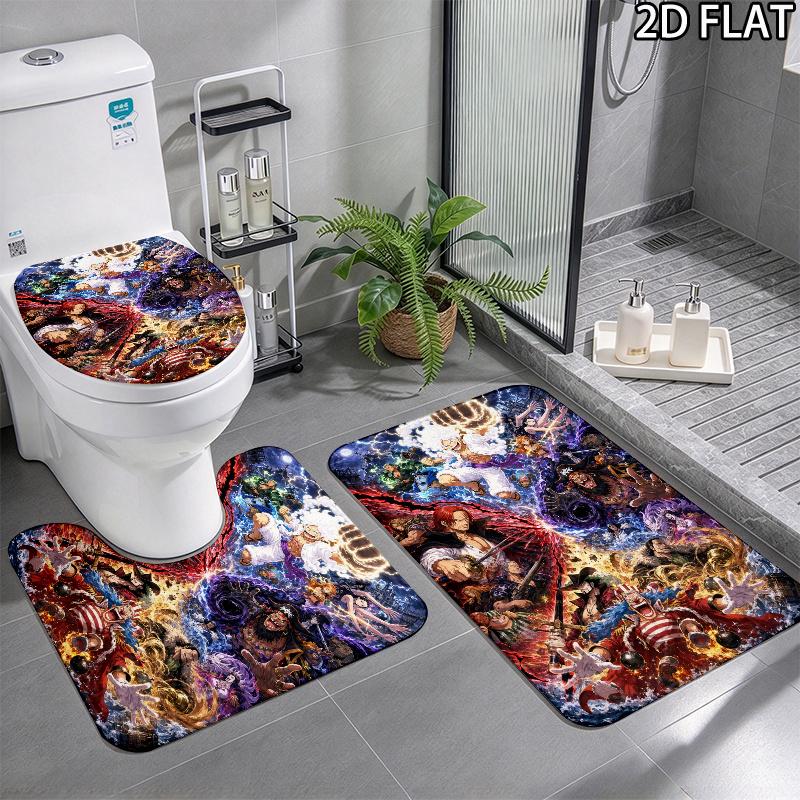 Luffy Anime Pattern 3Pcs Bathroom Rug Set, Non Slip Absorbent Bath Mat, Contour Mat & Toilet Lid Cover, Bathroom Decor