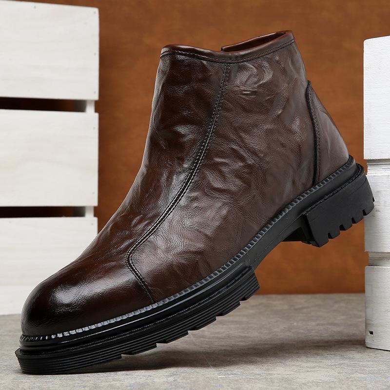 

Winter heightening medium-top Chelsea short boots side zipper Martin boots men s velvet soft leather tooling locomotive boots 44