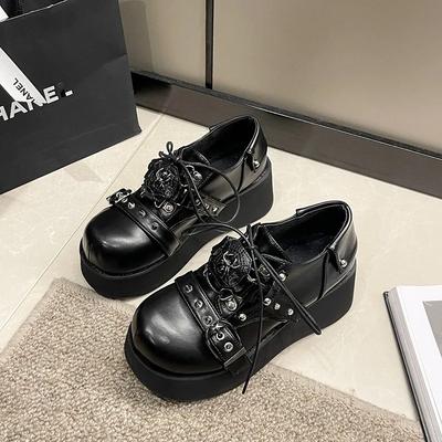 Mode 2025 Damen Punk mit dicker Sohle Dunkle Schnalle Muffin Gothic Damenschuhe Runde Spitze Jk Kleine Lederschuhe