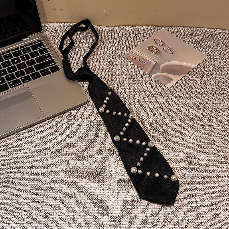 Pre Tied Black Fashion Neckties With Faux Pearl Rhinestone Decor Perfect For Party Wedding Daily Wear Special Events