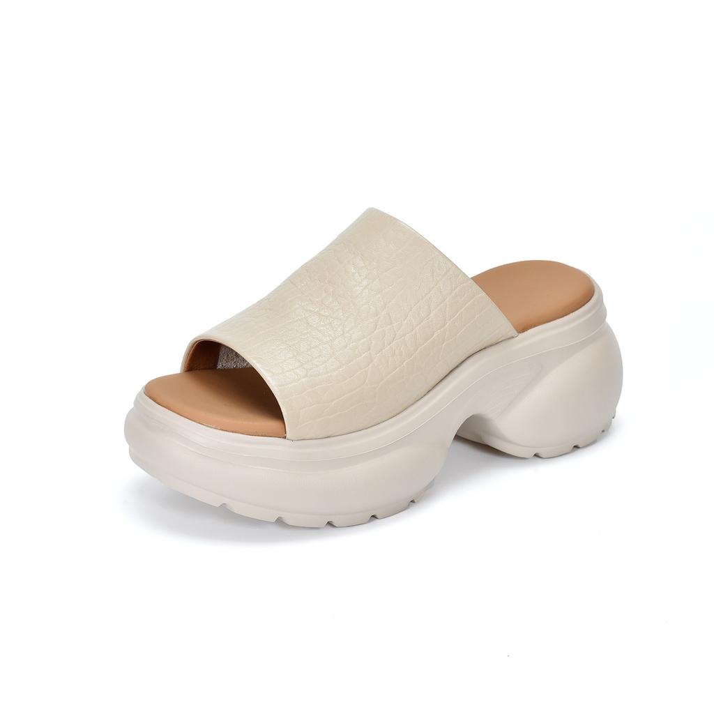 Johnature Women's Thick Soled High-heeled Peep Toed Slippers Genuine Leather Platform Sandals