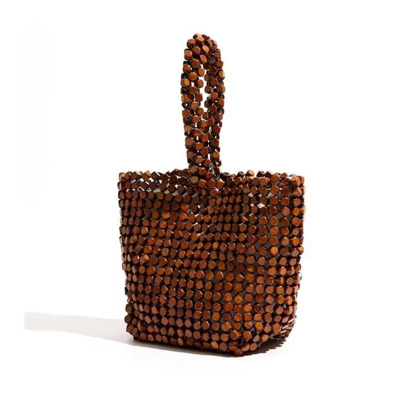 Vintage Niche Wooden Beaded Bucket Bag 2026 New Handwoven Handbag Summer Vacation Beach Bag