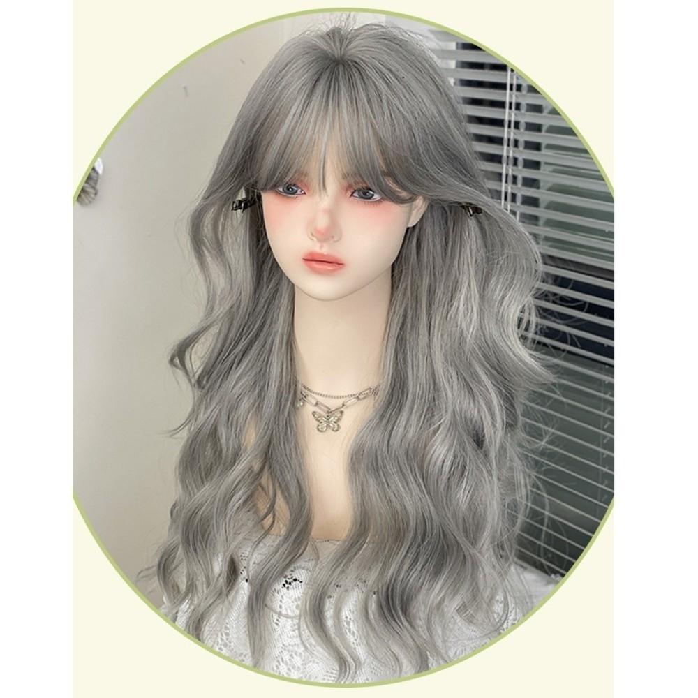 Air Bangs Grey Cosplay Wigs with Bangs Halloween Lolita Headband Wigs Long Curly Wave Hair  Girl