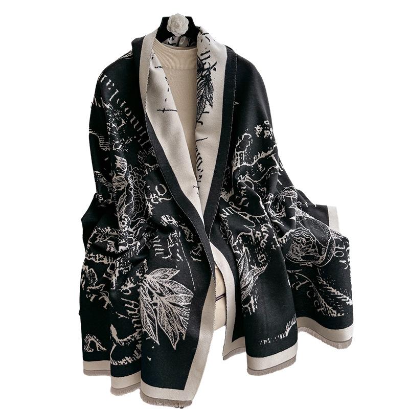 Flower Printing Contrasting Colors Autumn And Winter Double-Sided Imitation Cashmere Scarf Winter High-End Warm Shawl Women