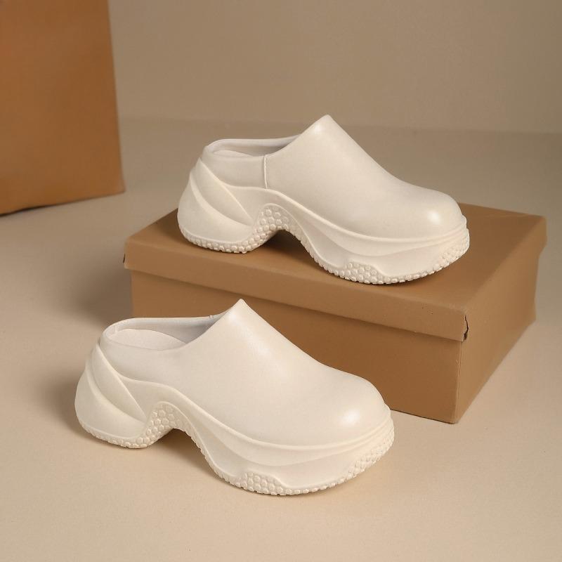 Baotou Semi-slippers Women Wear New Soft Leather Platform Round Head Small Water Platform Heightened Lazy Slip-on Slippers