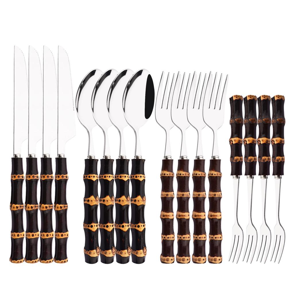 16-Piece Bamboo Handle Silverware Set Stainless Steel Flatware Set Include Spoons Forks Knives and Tea Forks, Cutlery Utensils Serves 4