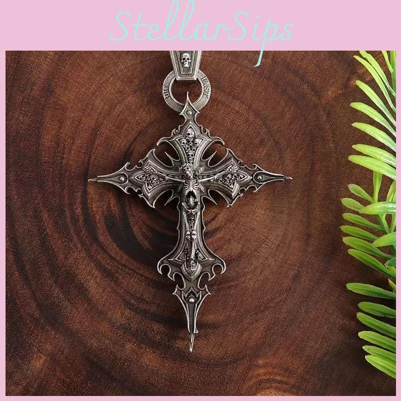 Unique Vintage Gothic Cross Skull Pendant Necklace With Eye-catching Pearl Chain Design