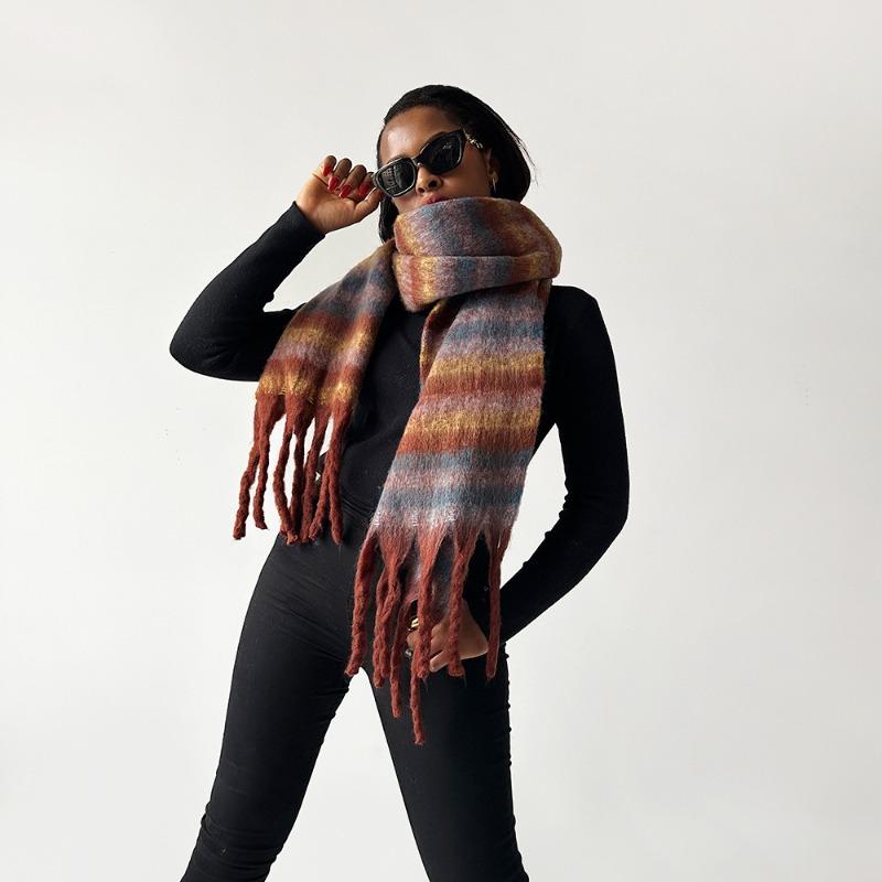 

Light luxury fashion scarf colored mohair plaid scarf women s warm shawl one piece 230*40cm