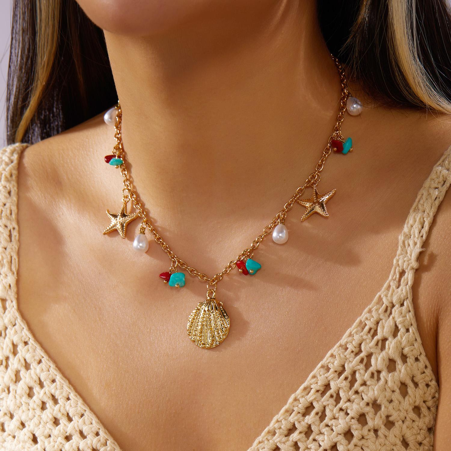 Bohemia Vacation Style Shell Starfish Pearl Pendant Necklace for Women Trendy Irregular Gravel Choker Summer Friendship Jewelry