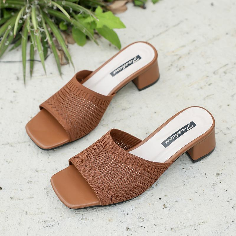 Medium Heel Cool Slippers Summer New Fly-woven One-word Cool Slippers