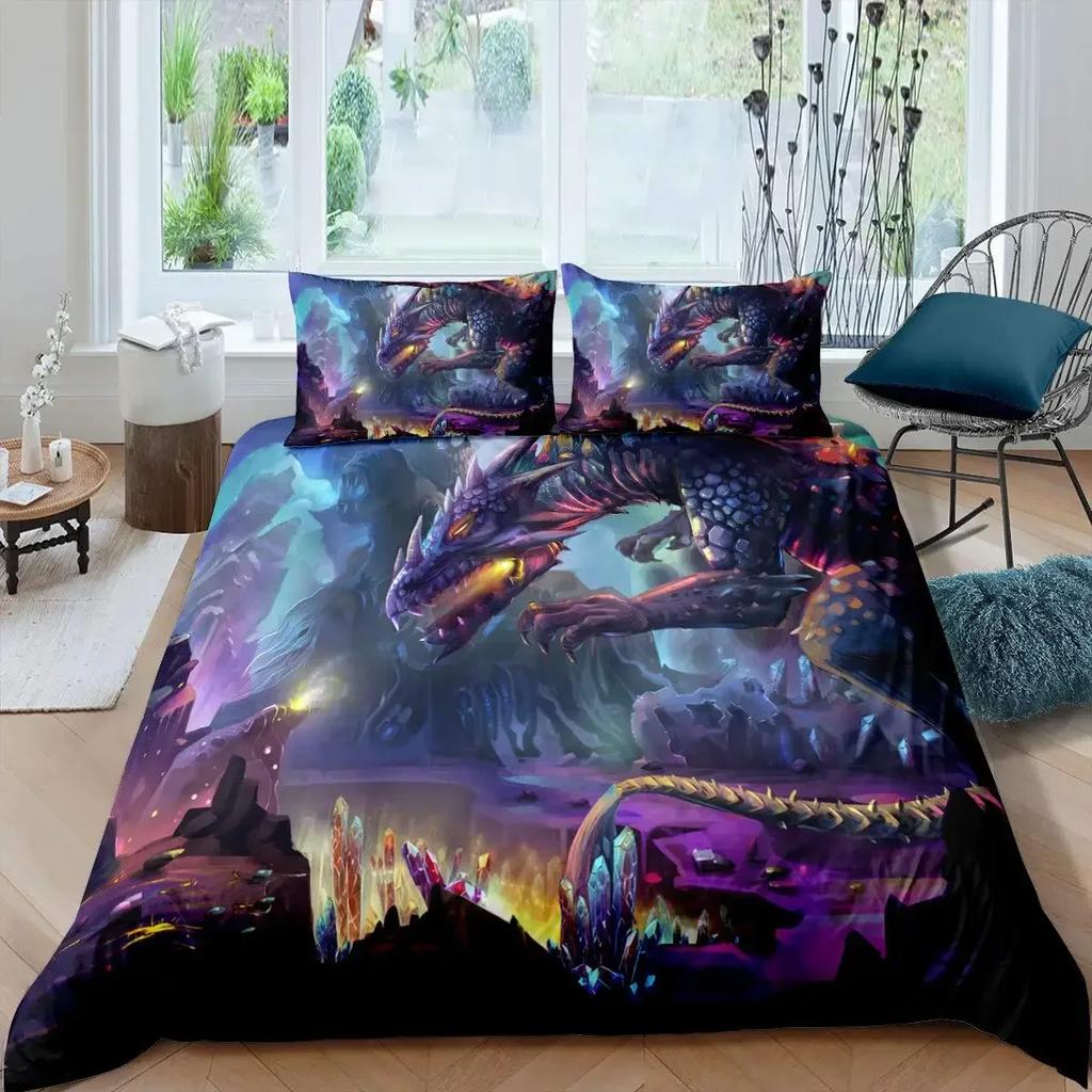 Magical Dinosaur Bedding Set Fire Dragon Duvet Cover Set Jungle Animals Pattern Wildlife Style King Size Polyester Quilt Cover